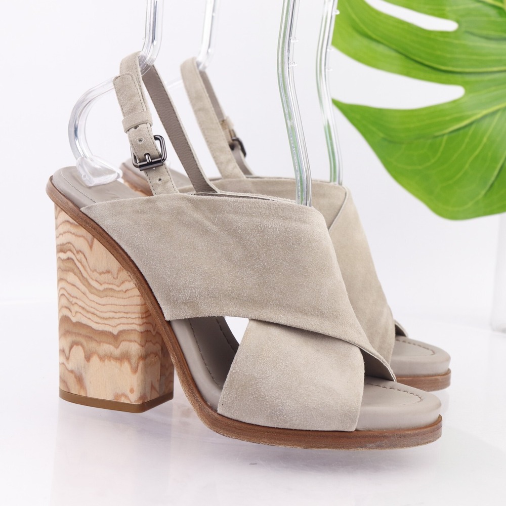 VINCE Womens Helena Sandals Size 8 M Gray Suede Wood Heel Slingback Shoes Italy